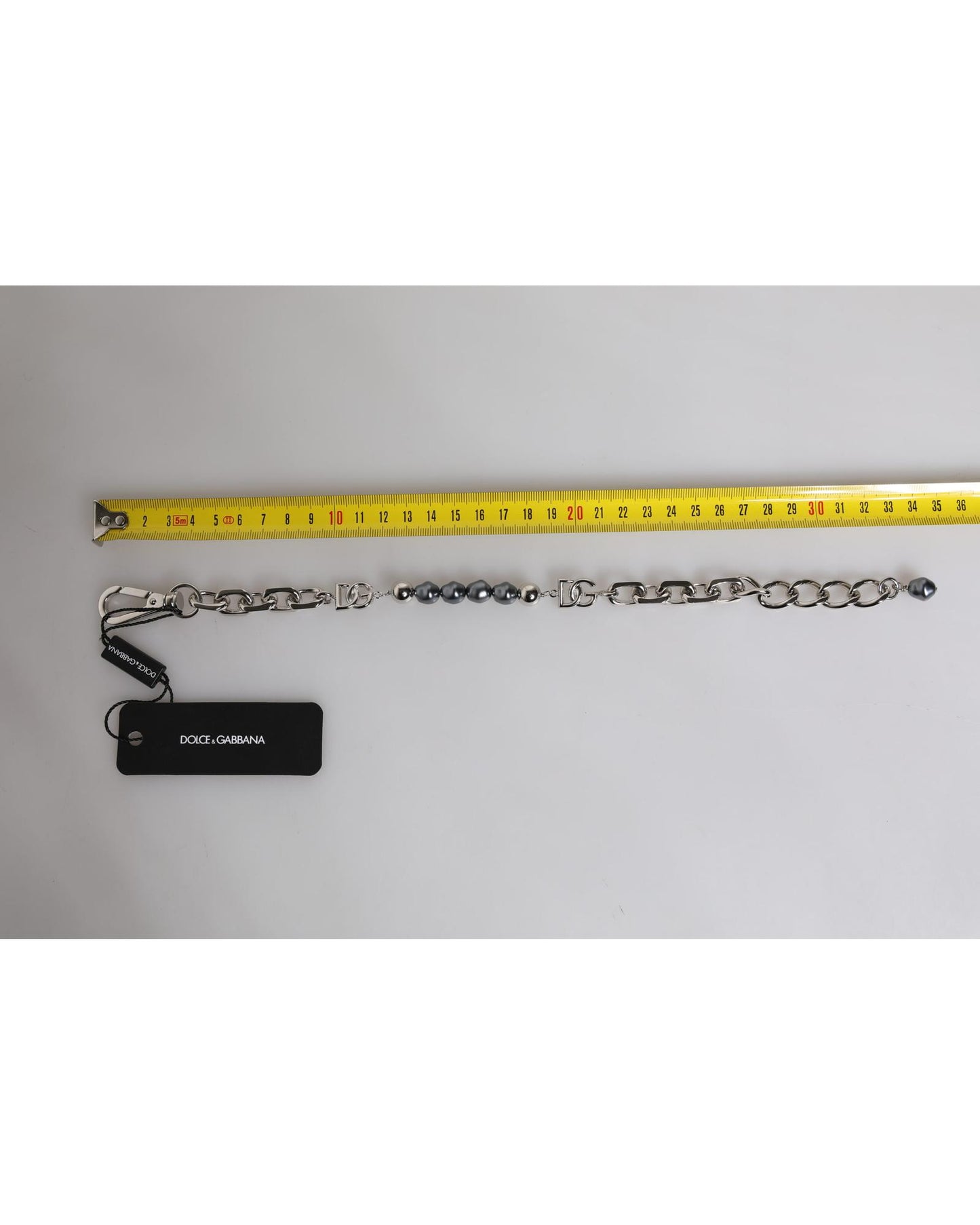 Dolce & Gabbana Men's Silver Tone Chain Lobster Clasp Logo Gray Pearls Bracelet - One Size