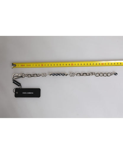 Dolce & Gabbana Men's Silver Tone Chain Lobster Clasp Logo Gray Pearls Bracelet - One Size