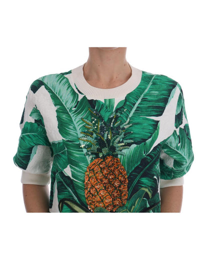 DOLCE & GABBANA Enchanted Sicily Short Sleeve Sweater with Sequined Pineapple Embroidery 40 IT Women