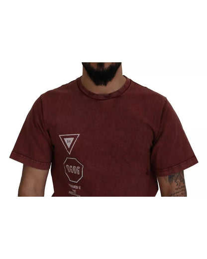 Dolce & Gabbana Men's Maroon Printed Crewneck Tee Cotton T-shirt - 44 IT