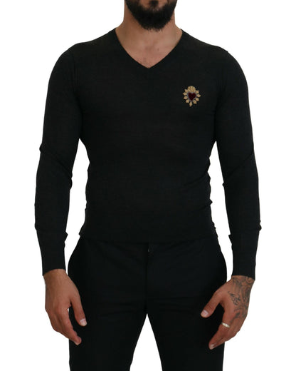 Stunning Dolce & Gabbana V-Neck Sweater with Heart Embroidery 44 IT Men