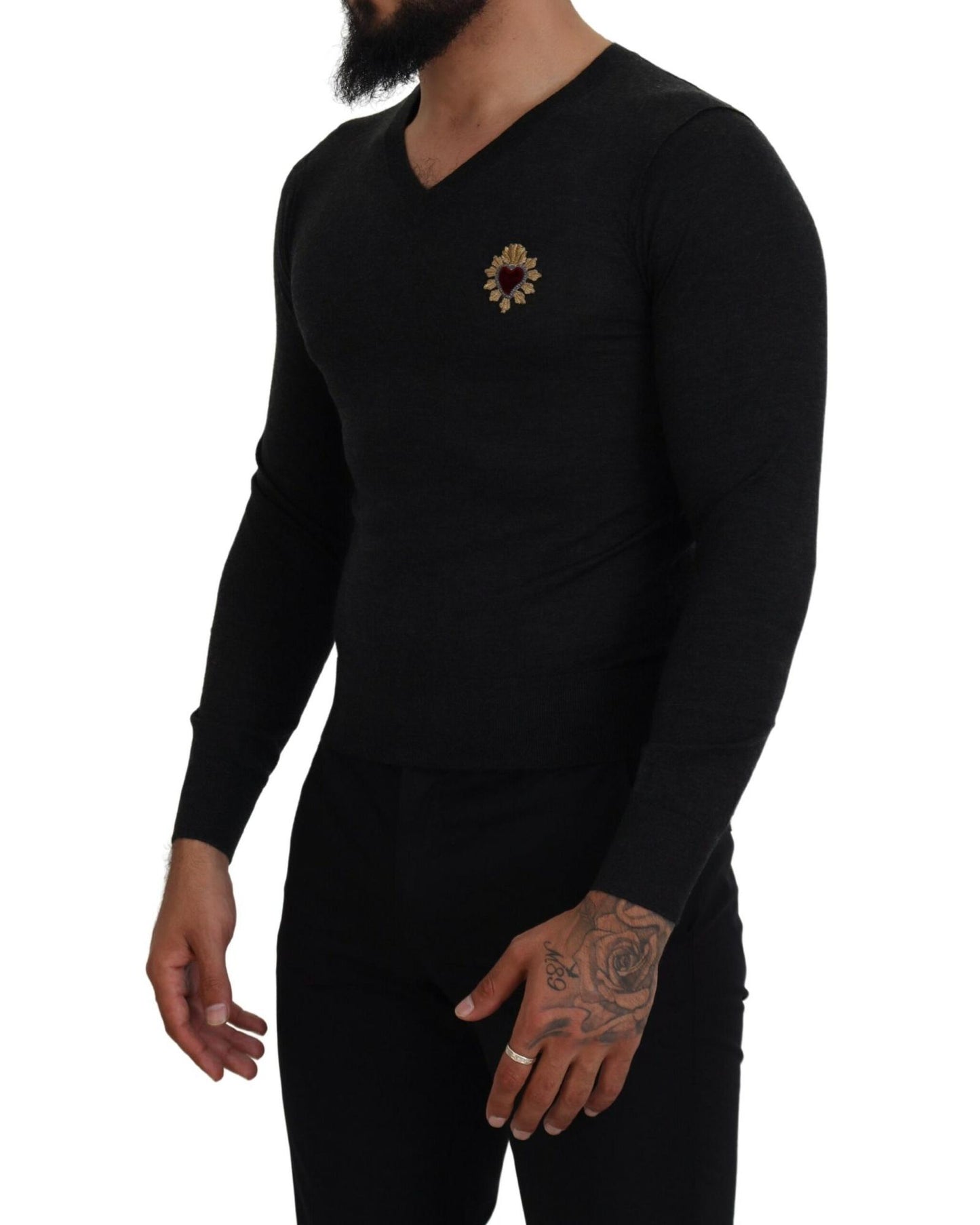 Stunning Dolce & Gabbana V-Neck Sweater with Heart Embroidery 44 IT Men