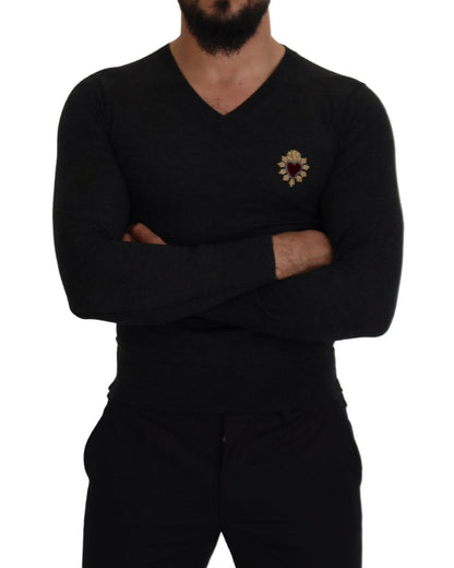 Stunning Dolce & Gabbana V-Neck Sweater with Heart Embroidery 44 IT Men