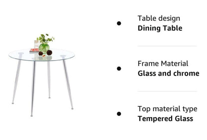 Glass Dining Table, Modern Round Kitchen Table, Modern Dinner Table with Spacious Tempered Glass Tabletop & Chromed Legs for Home & Office, 80x70cm