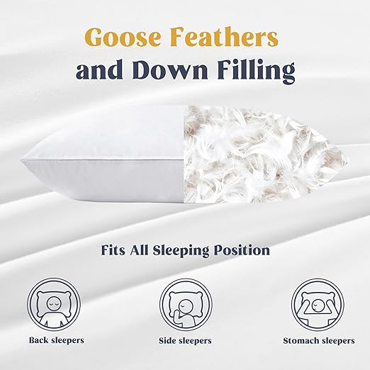 Puredown Goose Down and Feather Pillow Inserts for Sleeping, 100% Cotton Fabric Cover Bed Pillows, Set of 2, White, Queen Size