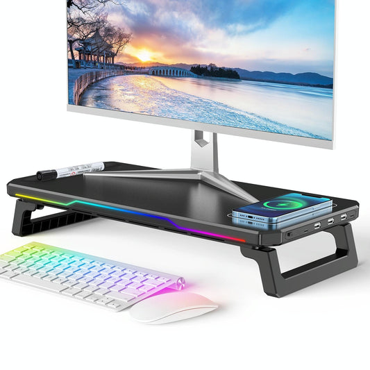 Usb Monitor Stand Riser With Type-C Ports - Wireless Charging  Black