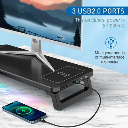 Usb Monitor Stand Riser With Type-C Ports - Wireless Charging  Black