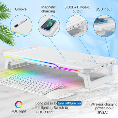 Usb Monitor Stand Riser With Type-C Ports - Wireless Charging White