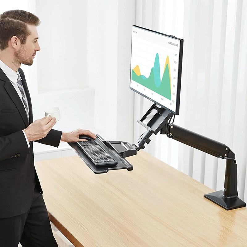 Ergonomic 19-27 Inch Monitor Holder With Foldable Keyboard Tray Full Motion Sit-stand Workstation