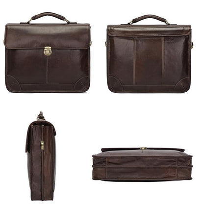 Retro Cowhide Leather Briefcase For 15.6 Laptop - Multifunctional - Coffee