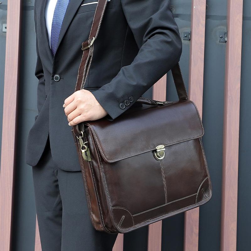 Retro Cowhide Leather Briefcase For 15.6 Laptop - Multifunctional - Coffee