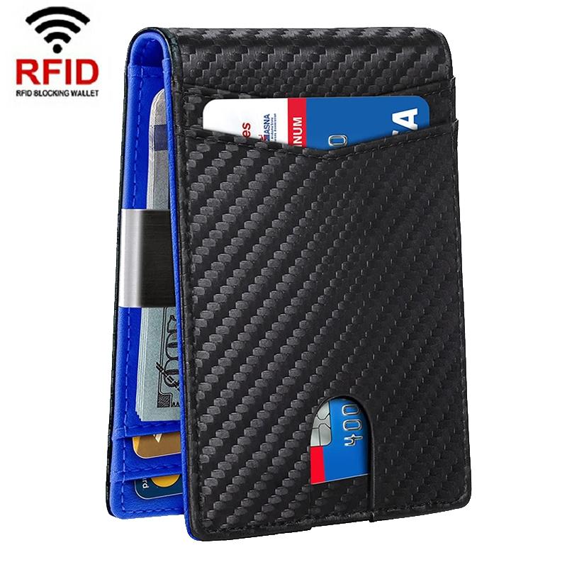 Rfid-protected Leather Credit Card Wallet - Secure & Stylish - Carbon Fiber Black Blue Inner
