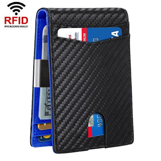 Rfid-protected Leather Credit Card Wallet - Secure & Stylish - Carbon Fiber Black Blue Inner