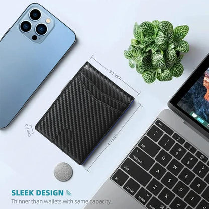 Rfid-protected Leather Credit Card Wallet - Secure & Stylish - Carbon Fiber Black Blue Inner