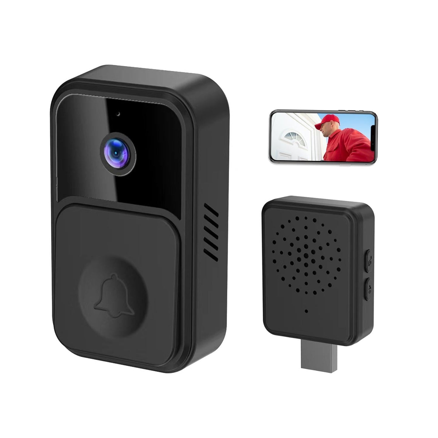 Wireless Smart Video Doorbell - 90 Degree Wide Angle - Black