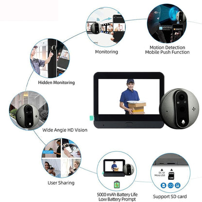 4.3 Inch Colour Screen Graffiti Hidden 1080P Wifi Smart Cat Eye Video Doorbell - Black