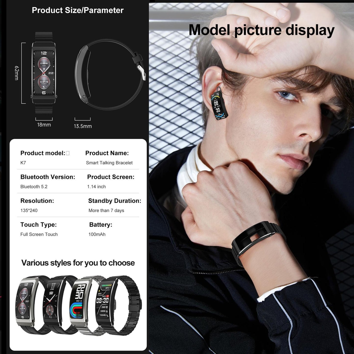 Smart Health Monitoring Bracelet With Bt Call And Leather Strap - Black Leather Strap