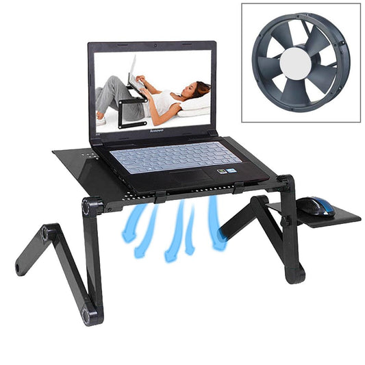 Adjustable Foldable Laptop Stand With Fans & Mouse Pad - Portable Aluminum Alloy - Black