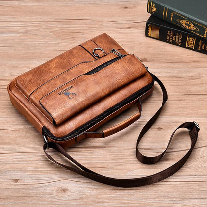 Leather Men Shoulder Bag Business Laptop Case Retro Design - Light Brown