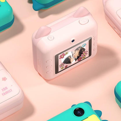 Instant Camera For Kids With Dual-Lens Mini Print Green Dinosaur Design