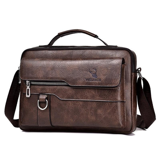 Leather Men Shoulder Bag Business Laptop Case Retro Design - Dark Brown