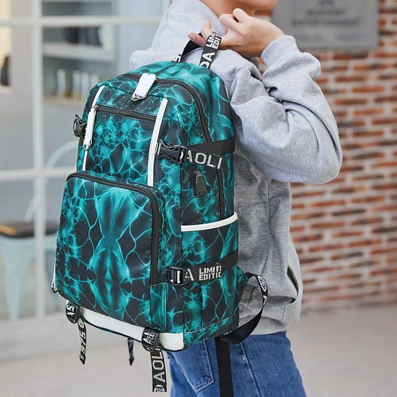 Student Waterproof Printed Backpack - Geometric Black