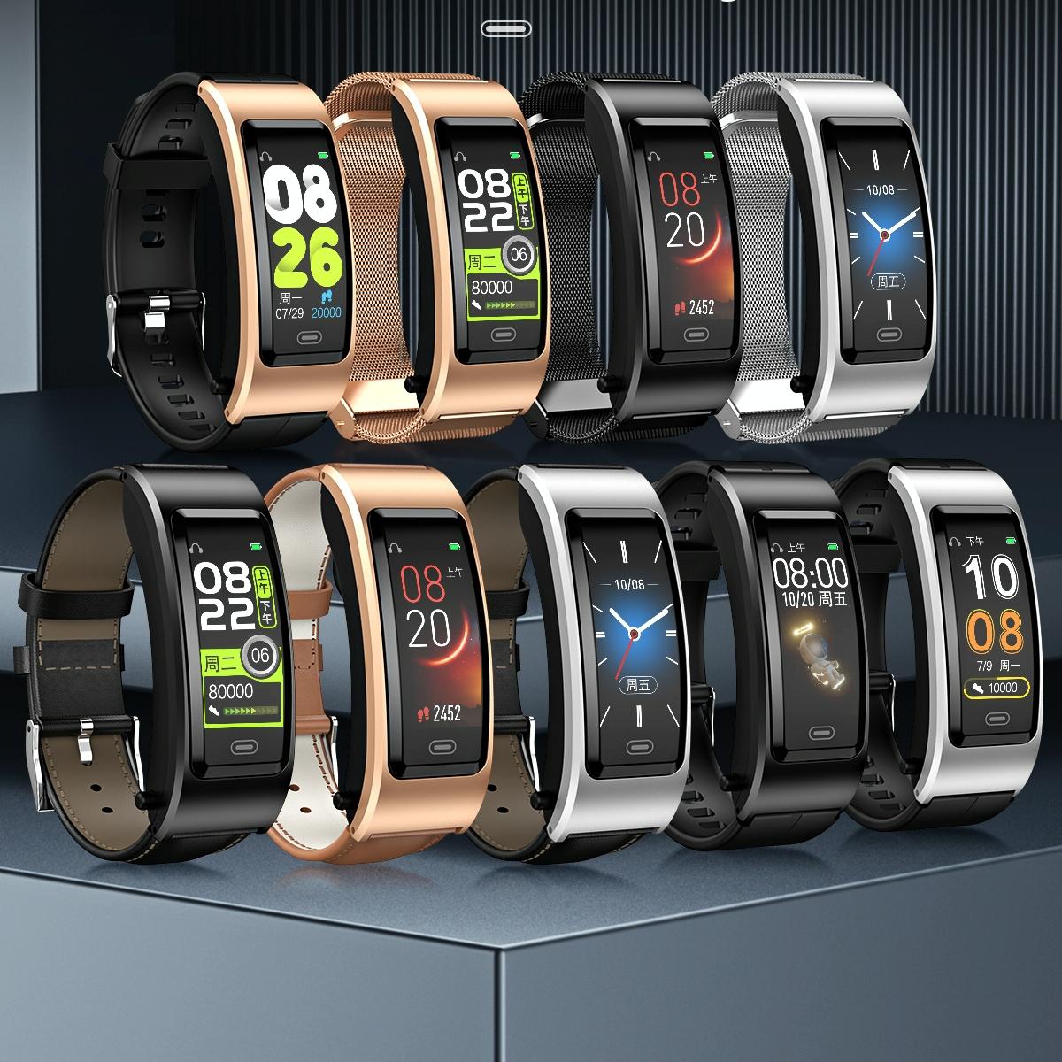 Bluetooth Sleep Heart Monitor Bracelet - B7 - Gold + Brown Leather Belt