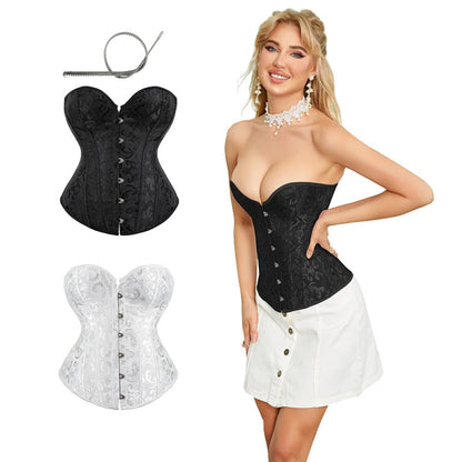 Strapless Victorian Overbust Corset 12 Spiral Steel Boned Jacquard Brocade Plus Size Xs-Xxl - White - M
