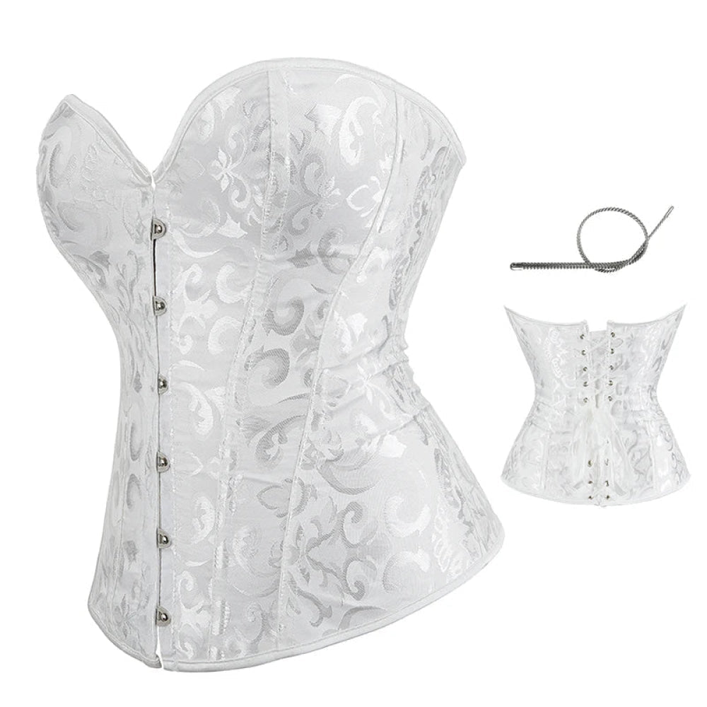 Strapless Victorian Overbust Corset 12 Spiral Steel Boned Jacquard Brocade Plus Size Xs-Xxl - White - M
