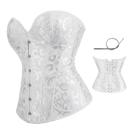 Strapless Victorian Overbust Corset 12 Spiral Steel Boned Jacquard Brocade Plus Size Xs-Xxl - White - M