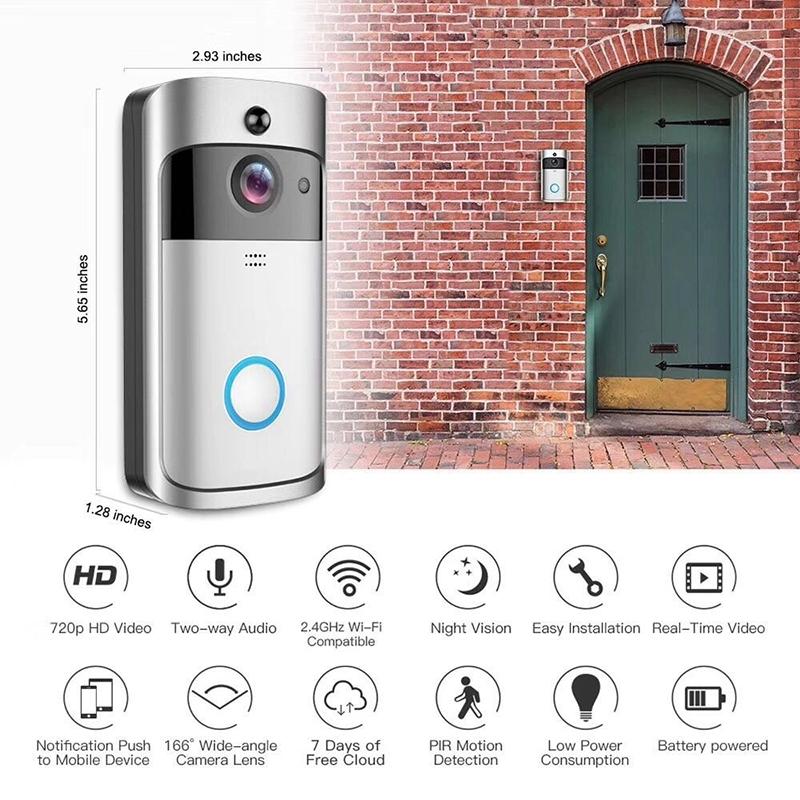 Smart Wifi Video Doorbell With Night Vision & Wide-Angle Camera - 720P Low Power Mobile Remote - Silver