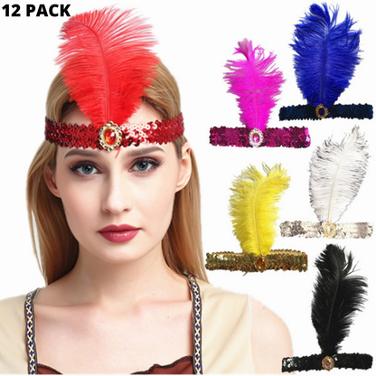 12x 1920s FLAPPER HEADBAND Headpiece Feather Sequin Charleston Gatsby Party BULK - Assorted Colours Pack