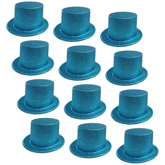 12x GLITTER TOP HAT Fancy Party Plastic Costume Tall Cap Fun Dress Up BULK - Sky Blue