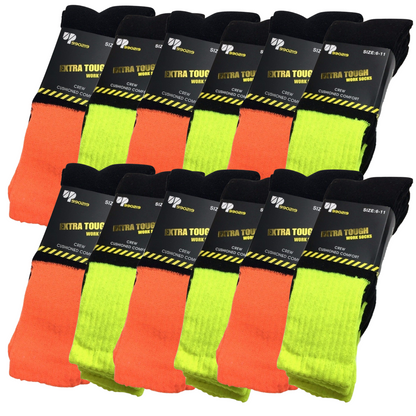 12x Pairs HI VIS SOCKS Workwear Work Safety High Visibility Fluro Cushioned BULK - Mixed Pack - 6-11