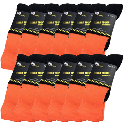 12x Pairs HI VIS SOCKS Workwear Work Safety High Visibility Fluro Cushioned BULK - Orange - 6-11