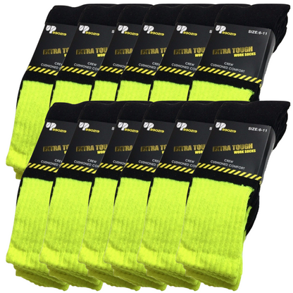 12x Pairs HI VIS SOCKS Workwear Work Safety High Visibility Fluro Cushioned BULK - Yellow - 6-11