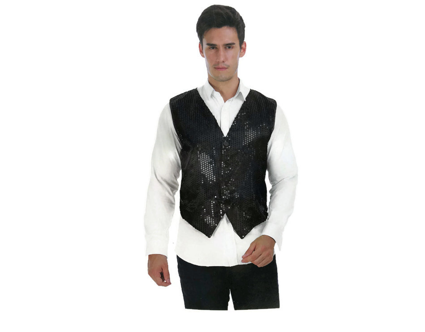 Mens Premium SEQUIN VEST Waistcoat Dance Costume Disco Sparkle Deluxe - Black