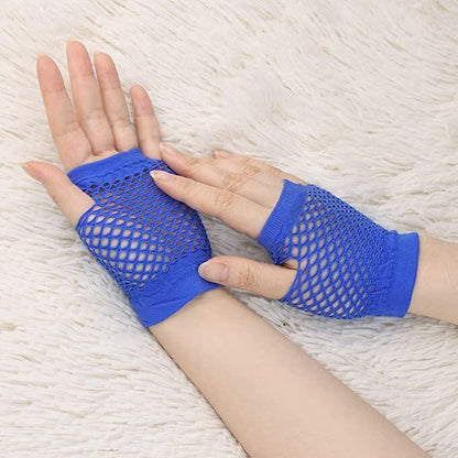 1 Pair Fishnet Gloves Fingerless Wrist Length 70s 80s Costume Party Dance - Blue