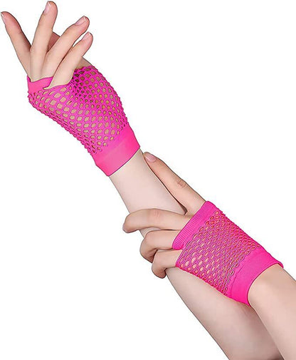 1 Pair Fishnet Gloves Fingerless Wrist Length 70s 80s Costume Party - Hot Pink