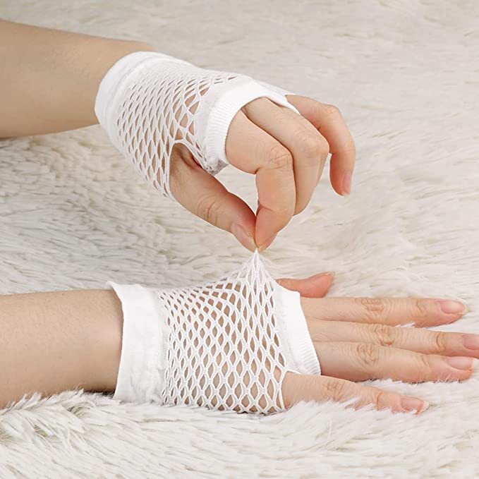 1 Pair Fishnet Gloves Fingerless Wrist Length 70s 80s Costume Party Dance -White