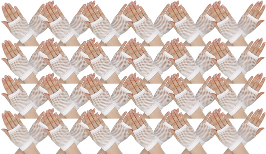 24 Pair Fishnet Gloves Fingerless Wrist Length 70s 80s Costume Party - White