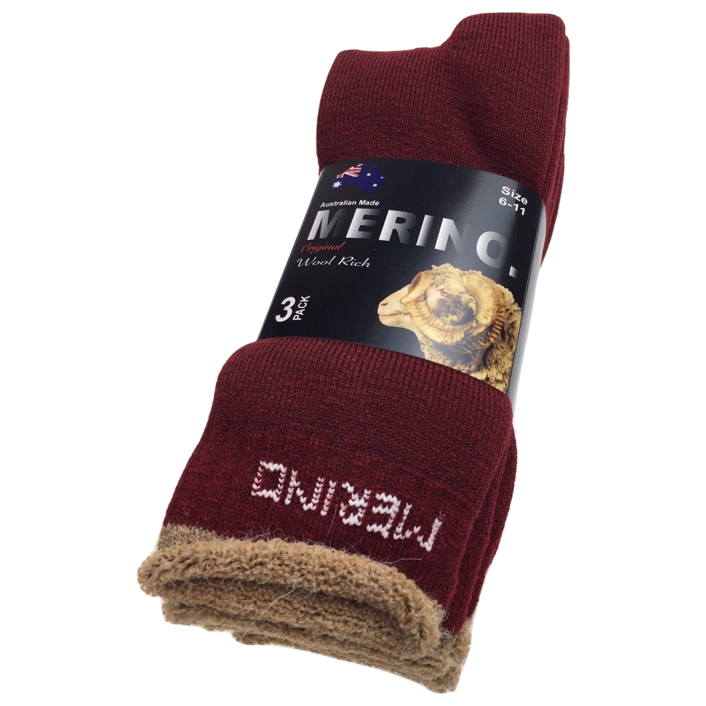 3 Pairs MERINO WOOL SOCKS Mens Heavy Duty Premium Thick Work Socks Cushion - Burgundy - 11-14