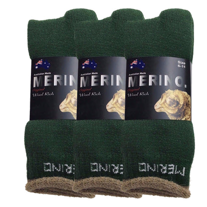 3 Pairs MERINO WOOL SOCKS Mens Heavy Duty Premium Thick Work Socks Cushion - Green - 6-11