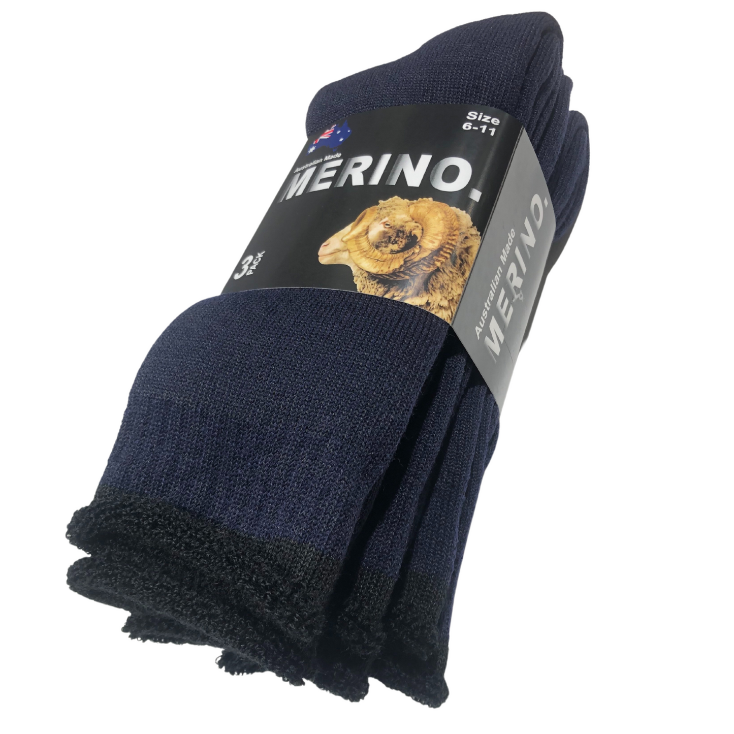 3 Pairs MERINO WOOL SOCKS Mens Heavy Duty Premium Thick Work Socks Cushion - Navy Blue - 11-14