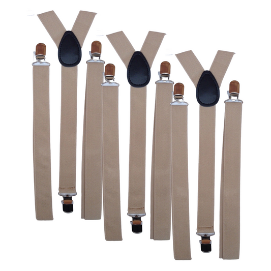 3x Mens Suspenders Braces Adjustable Strong Clip On Elastic Formal Wedding Slim - Beige