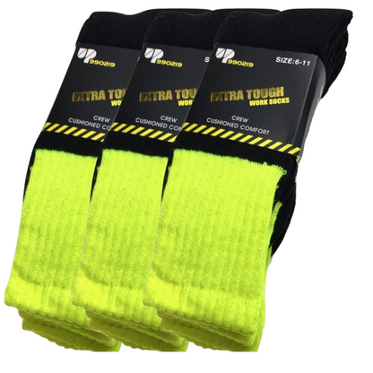 3x Pairs HI VIS SOCKS Workwear Work Safety Tradie High Visibility Fluro - Yellow - 6-11