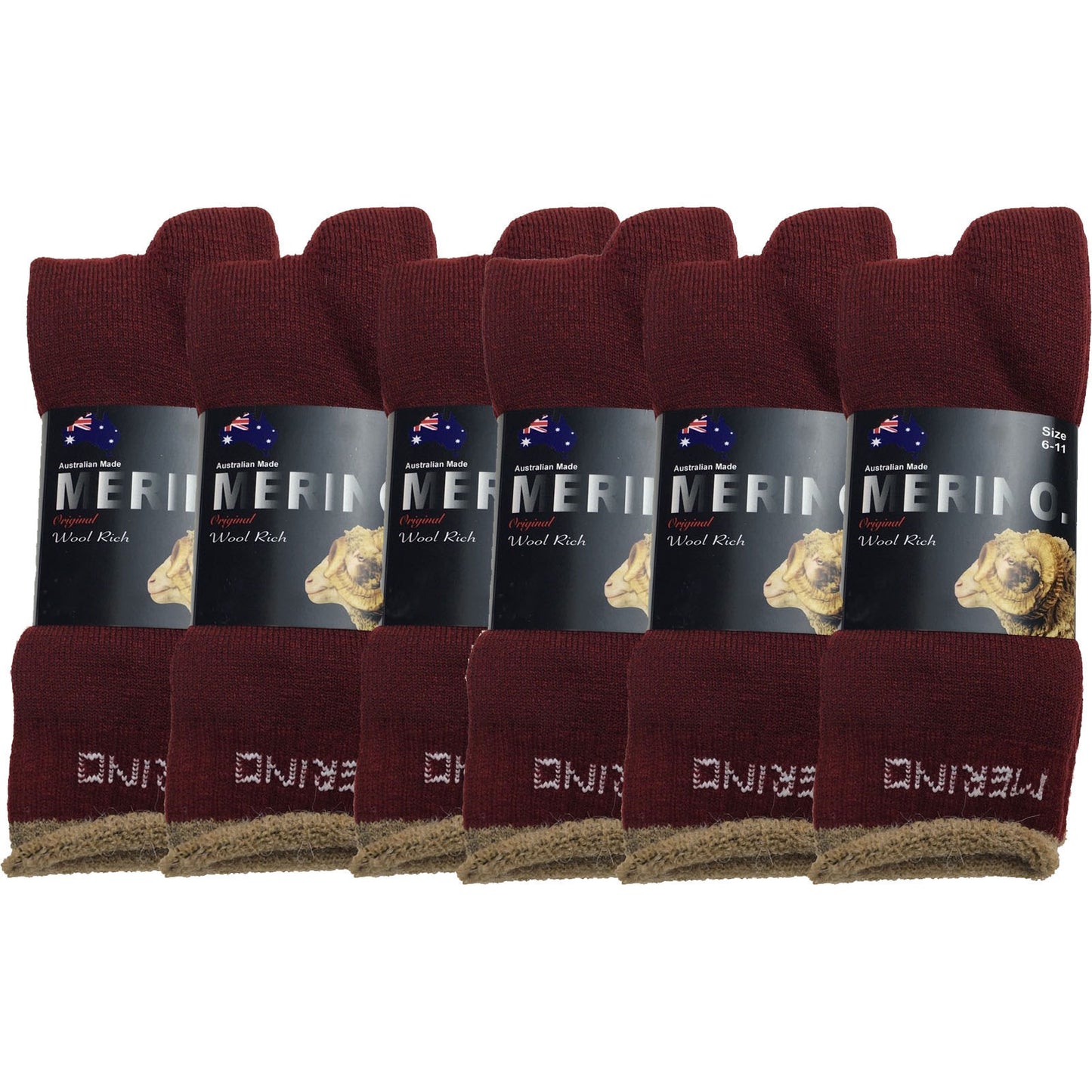 6 Pairs MERINO WOOL SOCKS Mens Heavy Duty Premium Thick Work Socks Cushion BULK - Burgundy - 6-11