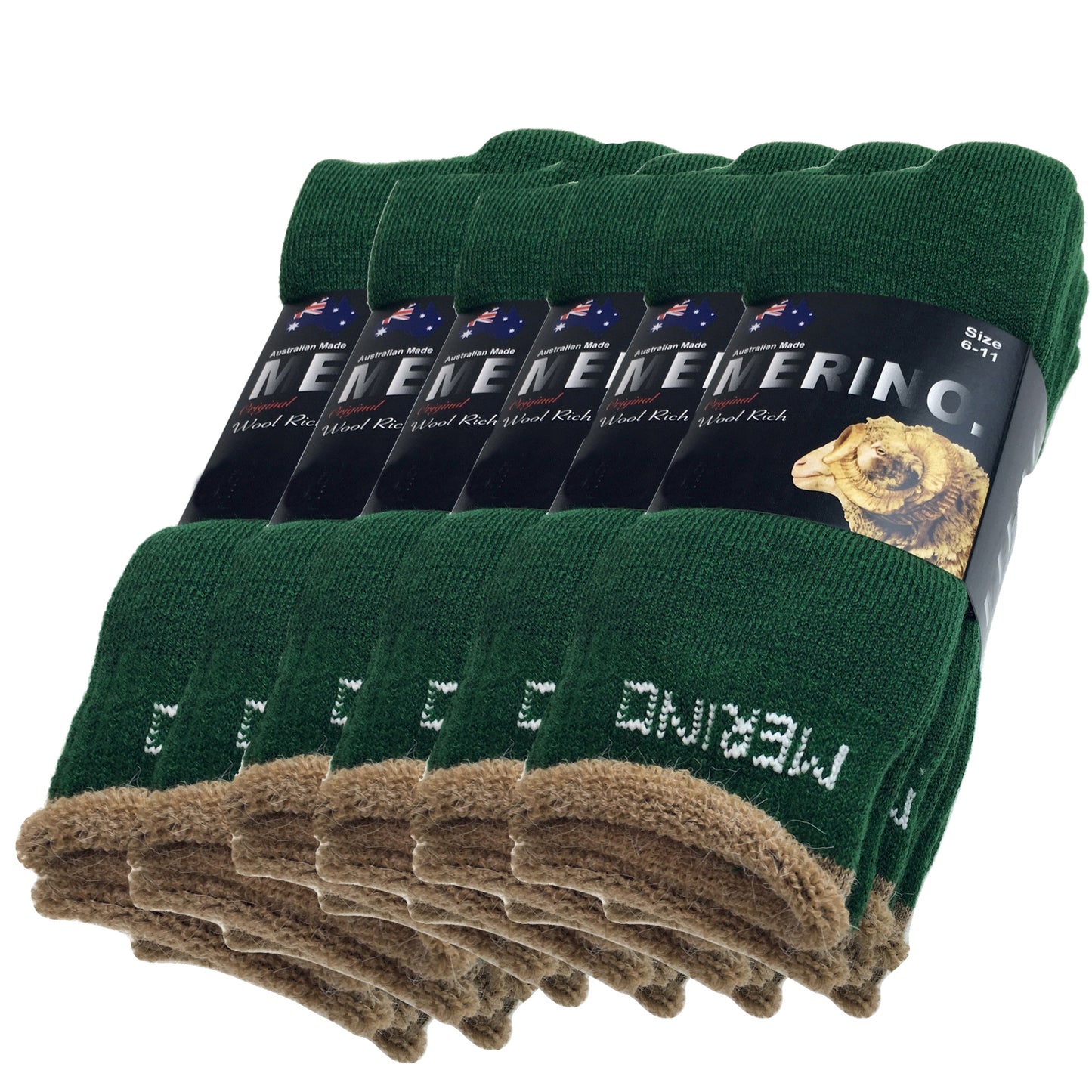 6 Pairs MERINO WOOL SOCKS Mens Heavy Duty Premium Thick Work Socks Cushion BULK - Green - 6-11