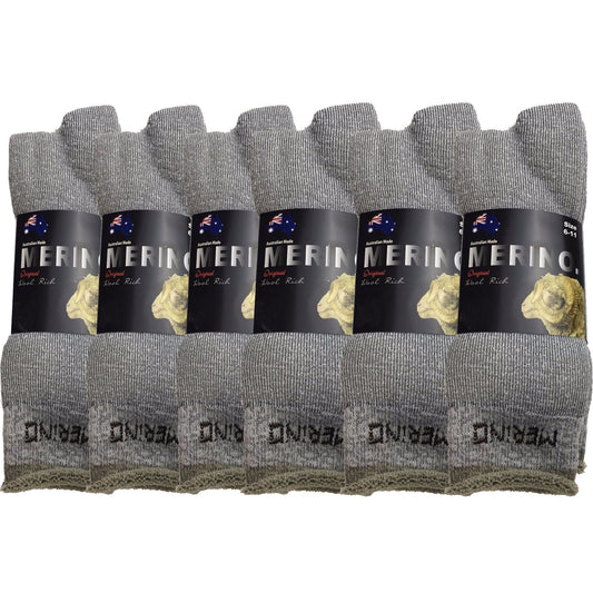 6 Pairs MERINO WOOL SOCKS Mens Heavy Duty Premium Thick Work Socks Cushion BULK - Grey - 11-14
