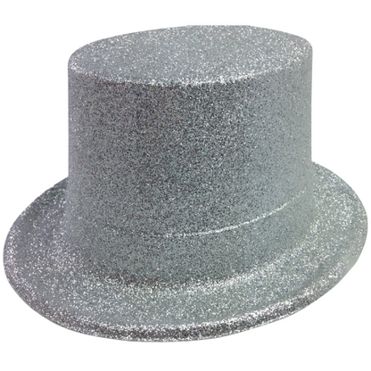 6x GLITTER TOP HAT Fancy Party Plastic Costume Tall Cap Fun Dress Up BULK - Silver - One Size